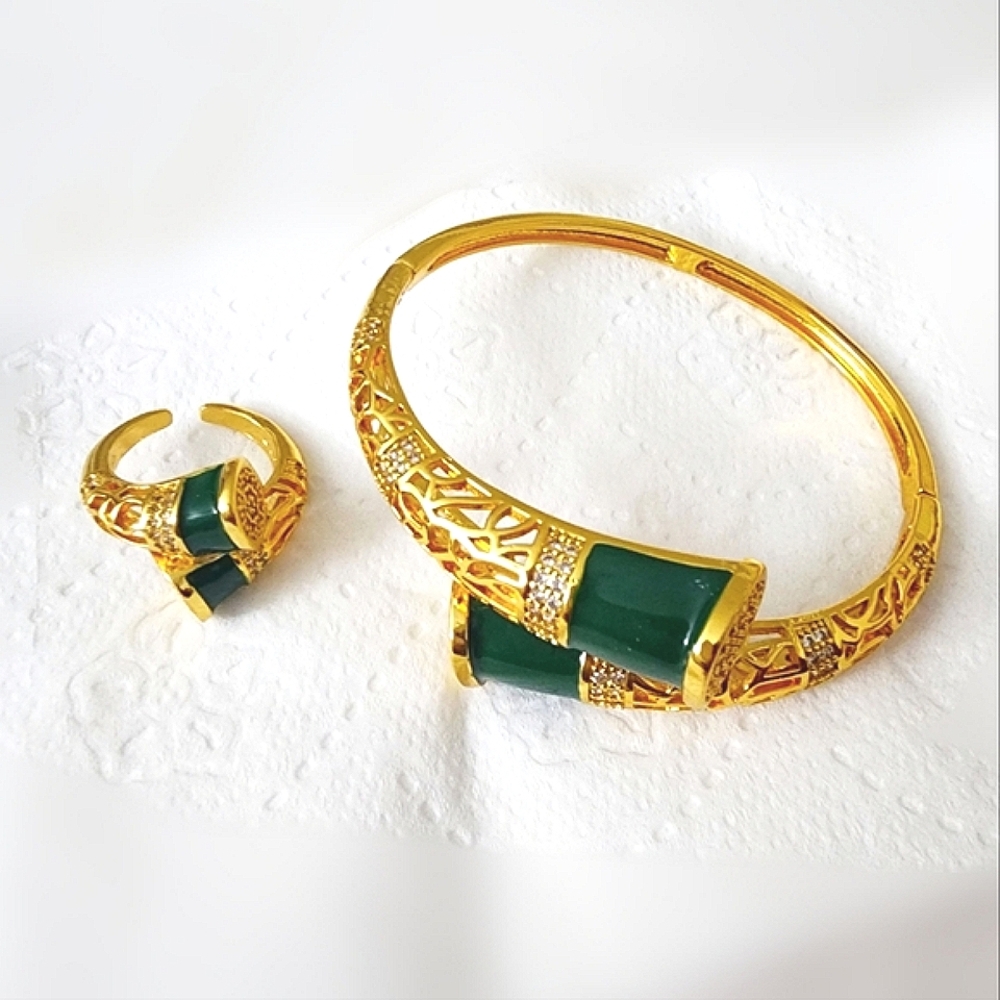 Gorgeous 18 Carat Gold Plated Green Stone CZ Bangle and Ring Set
